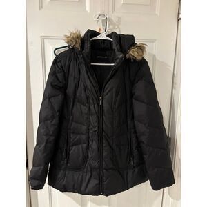 London Fog Black Quilted Winter Puffer Coat‎ with Faux Fur Hood Size L